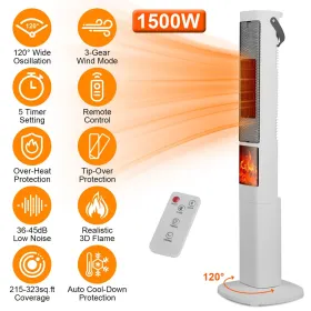 1500W Oscillating Ceramic Tower Space Heater With 3D Flame Portable Electric Heater With 3 Wind Modes Remote Control 5 Timer Overheat Tip-Over Protect