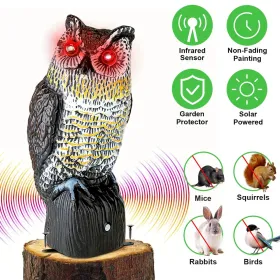 Solar Powered Owl Decoy With Flashing Eye Hoot Sound Infrared Sensor Scare Bird Squirrel Away Pest Repellent Bird Deterrent Outdoor Garden Yard Protec