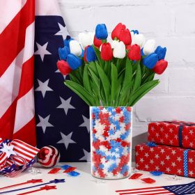 4th Of July Decorations, 12 Pcs Patriotic Artificial Tulips With 180 Pcs Red White Blue Sponge Stars Independence Day Vase Filler For Home Table Cente