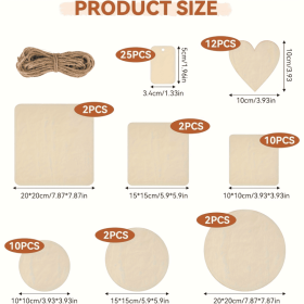 65-Piece Untreated Wood Board Set - Handmade Materials - Includes Hemp Rope - Mixed Round, Square, And Heart-Shaped Wood Pieces - Blank Decorative Sig