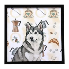 Gray and White Alaskan Malamute Coffee Bar Framed Metal Print Bathroom, Kitchen, Office, Home Decor Wall Art Ready to Hang, Square, 8X8