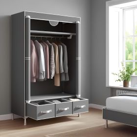 Portable Wardrobe 67×35.4×17.7in (Gray) - Rolling Door, Hanging Rack, Non - Woven Fabric Storage & 3 Drawer Boxes, Tool - free Setup
