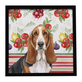 Tricolor and White Basset Hound Vegetables Framed Metal Print Bathroom, Kitchen, Office, Home Decor Wall Art Ready to Hang, Square, 8X8