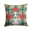 Blue Merle American Shepherd Christmas PoinsettIas Throw Pillow Decorative Indoor Outdoor Accent Cushion for Couch, Bed or Patio, 14Hx14W