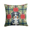 Black Australian Shepherd Christmas PoinsettIas Throw Pillow Decorative Indoor Outdoor Accent Cushion for Couch, Bed or Patio, 14Hx14W