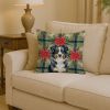 Black Australian Shepherd Christmas PoinsettIas Throw Pillow Decorative Indoor Outdoor Accent Cushion for Couch, Bed or Patio, 14Hx14W