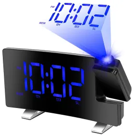 Projection Alarm Clock With Radio Function 7.7In Curved-Screen LED Digital Alarm Clock W/ Dual Alarms 4 Dimmer 12/24 Hour (Color: Blue)