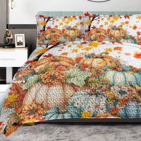 3 Pieces Colorful Oil Painting Pumpkin Pattern Quilt Set Twin Full Queen King Size For All Seasons Flower Fall Leaves Bedding Set With 2 Pillowcases F (Option: Queen-Orange)