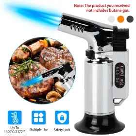 Culinary Butane Torch Lighter Refillable Blow Torch Flame Adjustable Flame Kitchen Cooking BBQ Torch W/ Fire Lock (Gas Not Included) (Color: Silver)