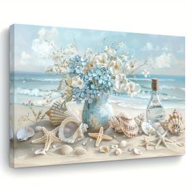 1 Piece Framed Wooden Canvas Painting, One Piece Blue Vase Floral Canvas Print, Wooden Frame Wall Art, Shell And Ocean Theme, Home And Office Decor, S (Option: 12X8inch)